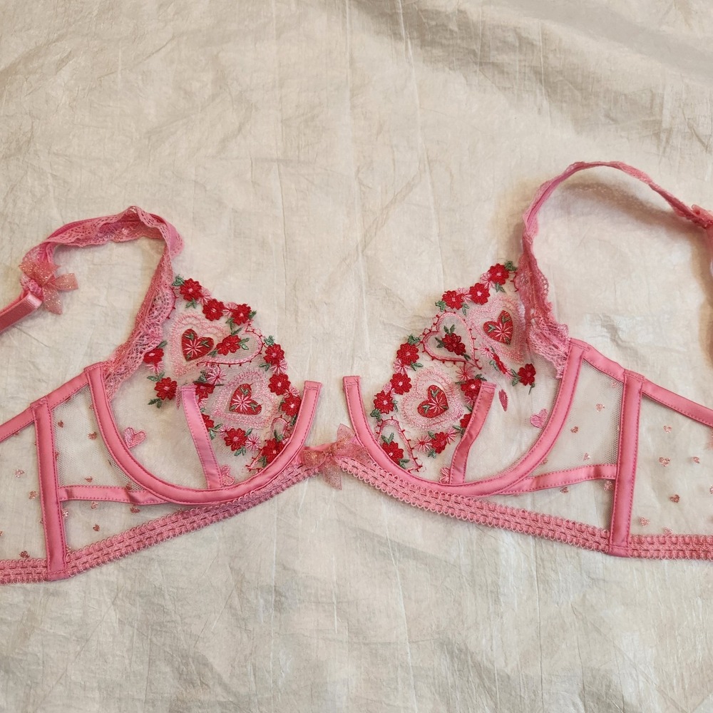 New For Love & Lemons Heart Embroidery Underwire Bra Pink 32C NWT Spring 2023